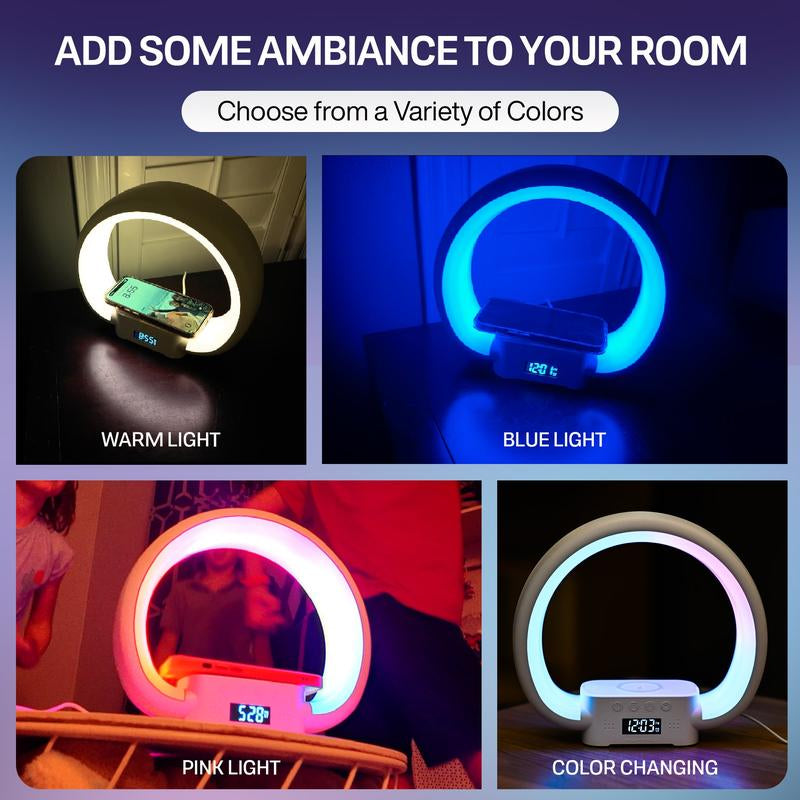 Bell + Howell Speaker Charging Lamp with Alarm Clock, RGB LED Table Lamp, and Wireless Phone Charger Stand