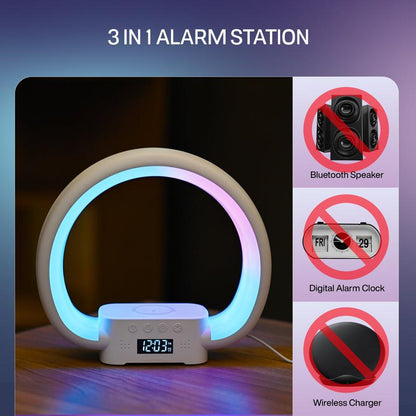 Bell + Howell Speaker Charging Lamp with Alarm Clock, RGB LED Table Lamp, and Wireless Phone Charger Stand