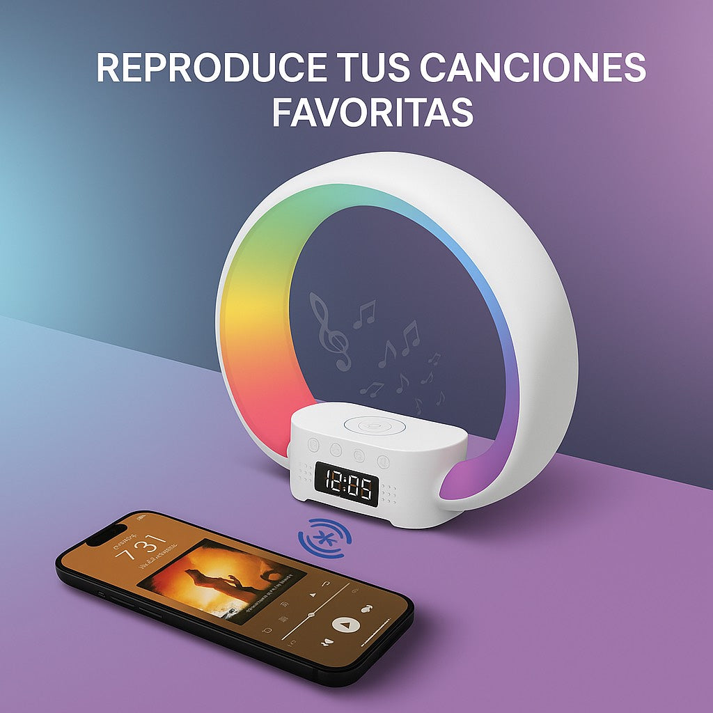 La lámpara con altavoz y cargador Bell + Howell es un dispositivo multifuncional 4 en 1 que combina un altavoz Bluetooth, una lámpara LED RGB, un cargador inalámbrico de 5 W para teléfono y un reloj despertador en un diseño elegante y compacto.