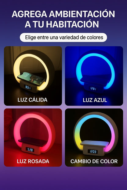 La lámpara con altavoz y cargador Bell + Howell es un dispositivo multifuncional 4 en 1 que combina un altavoz Bluetooth, una lámpara LED RGB, un cargador inalámbrico de 5 W para teléfono y un reloj despertador en un diseño elegante y compacto.