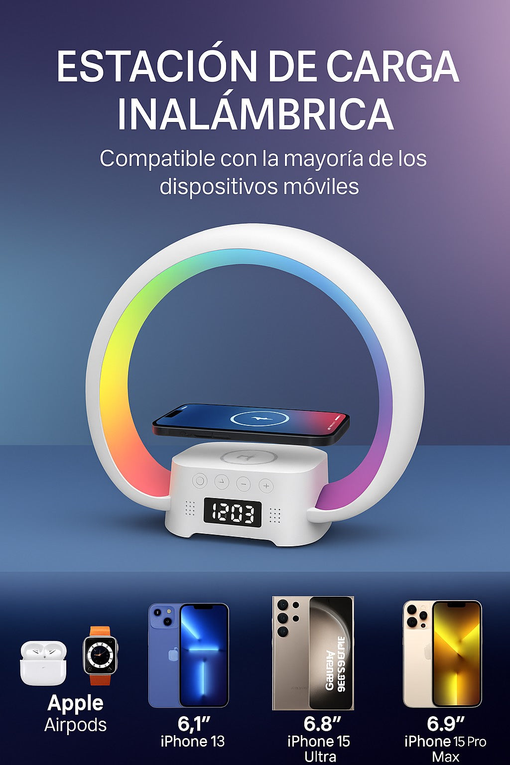 La lámpara con altavoz y cargador Bell + Howell es un dispositivo multifuncional 4 en 1 que combina un altavoz Bluetooth, una lámpara LED RGB, un cargador inalámbrico de 5 W para teléfono y un reloj despertador en un diseño elegante y compacto.